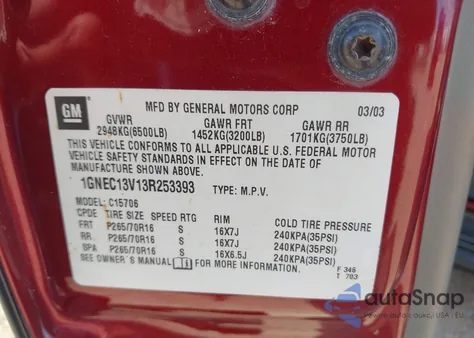 2003 Chevrolet Tahoe Ls from USA, damaged, VIN 1GNEC13V13R253393